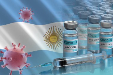 Arjantin COVID-19 aşı kampanyası başlatacak. Coronavirus aşı şişeleri, Covid 19 hücre ve Arjantin bayrağı. Salgınla savaşmak. Bir aşı araştırması ve yaratılması. 3B illüstrasyon