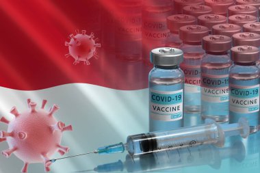 Monako 'dan COVID-19 aşı kampanyasına. Coronavirus aşı tüpleri, Covid 19 hücre ve Monako bayrağı. Salgınla savaşmak. Bir aşı araştırması ve yaratılması. 3B illüstrasyon