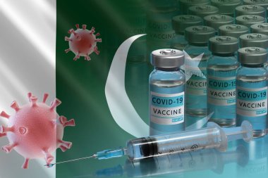 Pakistan COVID-19 aşı kampanyası başlatacak. Coronavirus aşı şişeleri, Covid 19 hücre ve Pakistan bayrağı. Salgınla savaşmak. Bir aşı araştırması ve yaratılması. 3B illüstrasyon