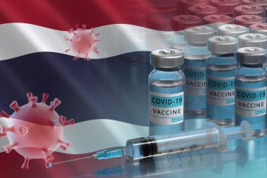 Tayland Krallığı COVID-19 aşı kampanyası başlatacak. Coronavirus aşı tüpleri, Covid 19 hücre ve Tayland bayrağı. Salgınla savaşmak. Bir aşı araştırması ve yaratılması. 3B illüstrasyon