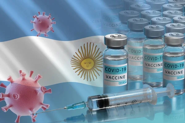 Arjantin COVID-19 aşı kampanyası başlatacak. Coronavirus aşı şişeleri, Covid 19 hücre ve Arjantin bayrağı. Salgınla savaşmak. Bir aşı araştırması ve yaratılması. 3B illüstrasyon