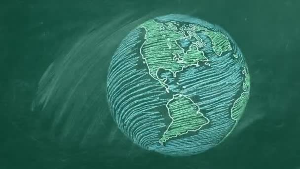 Rotating globe on green chalkboard — Stock Video