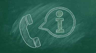 Tahtaya tebeşirle çizilmiş telefon simgesi ve bilgi simgesi. Bilgi merkezi, bilgi desteği, müşteri desteği. Kusursuz döngü videosu.