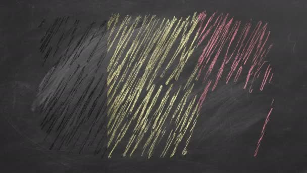 比利时国旗用粉笔画在黑板上 旗帜在风中飘扬 不同国家的一大系列旗帜之一 出国留学概念 旅行概念 — 图库视频影像