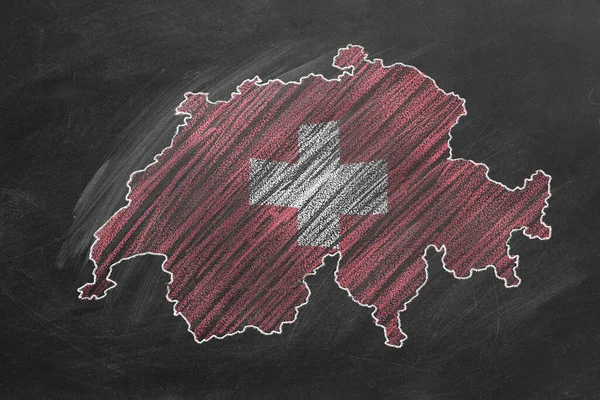 Χάρτης Χώρας Και Σημαία Της Ελβετίας Σχέδιο Κιμωλία Έναν Πίνακα — Φωτογραφία Αρχείου