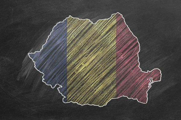 Country map and flag of Romania drawing with chalk on a blackboard. One of a large series of maps and flags of different countries. Education, travel, study abroad concept.