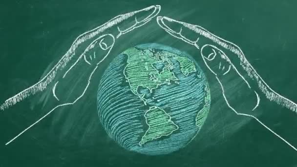 在人类的控制下旋转着的世界地球 拯救世界 粉笔画的图解 地球日的概念 — 图库视频影像
