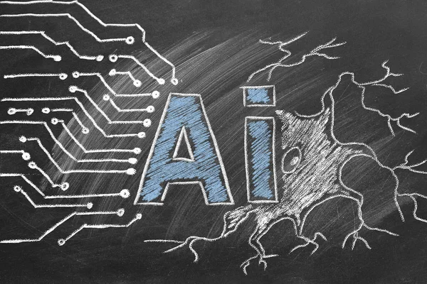Artificial Intelligence Text Circuit Board Neuron Hand Drawn Blackboard — Stock Photo, Image