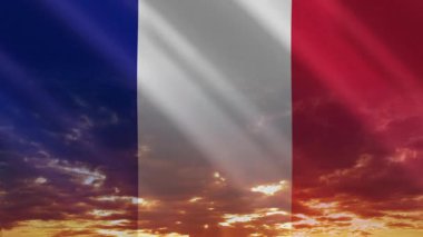 Fransa bayrağı canlı bir günbatımına doğru dalgalanıyor. Sıcak tonlarda vatansever ve ilham verici bir atmosfer yaratıyor..
