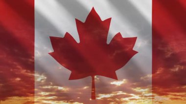 Kanada bayrağı canlı bir günbatımına doğru sallanıyor, sıcak tonlarda vatansever ve ilham verici bir atmosfer yaratıyor..