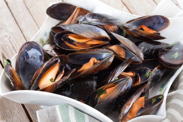 Ångade musslor i en skål — Stockfoto