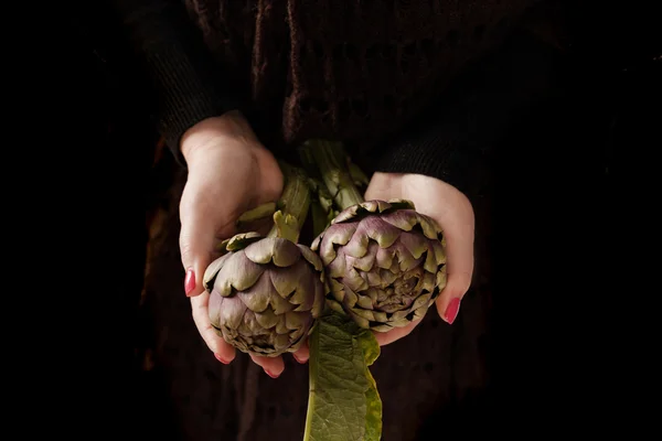 Verse artisjokken In handen — Stockfoto