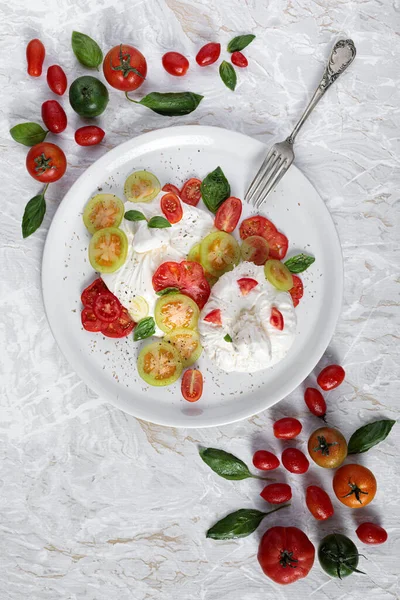 Appetizer Gezond Eten Met Burrata Kaas Tomaten Basilicum — Stockfoto