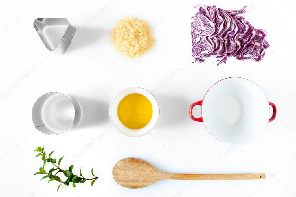 Ingredients And Utensils For Red Cabbage Risotto