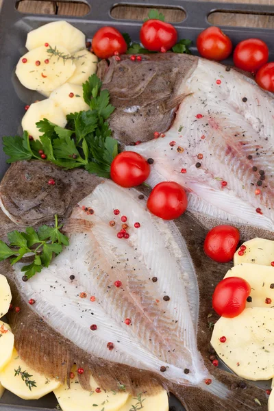 Raw Turbot Fish And Potatoes — Stock Photo, Image