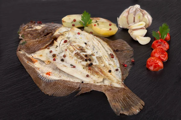 Plate Of Baked Turbot Fish — Stock Photo, Image