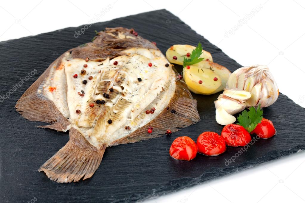 Plate With Baked Turbot Fish 