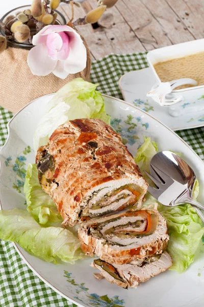 Turkey Roll On Plate With Lettuce — Stock Photo, Image