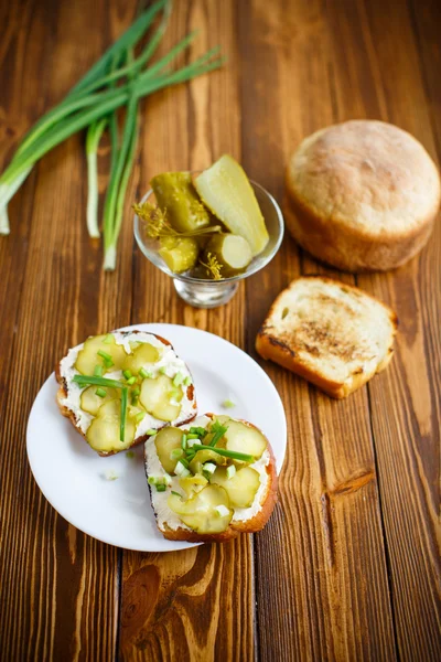 Sanduíche vegetariano com queijo, picles e ervas — Fotografia de Stock