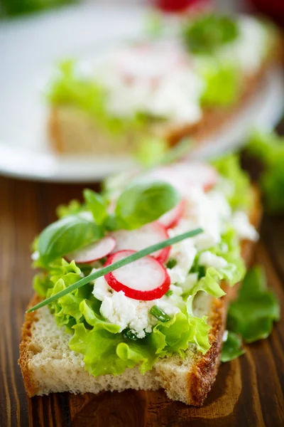 Sanduíche com queijo, rabanete e alface — Fotografia de Stock