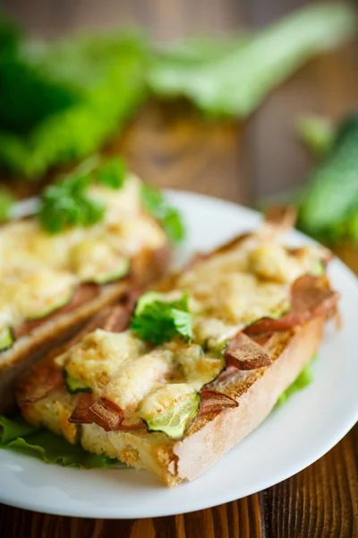 Toast baked with sausage, cheese and cucumber — Stock Photo, Image