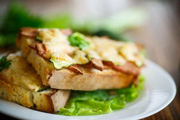 Torrada assada com salsicha, queijo e pepino — Fotografia de Stock