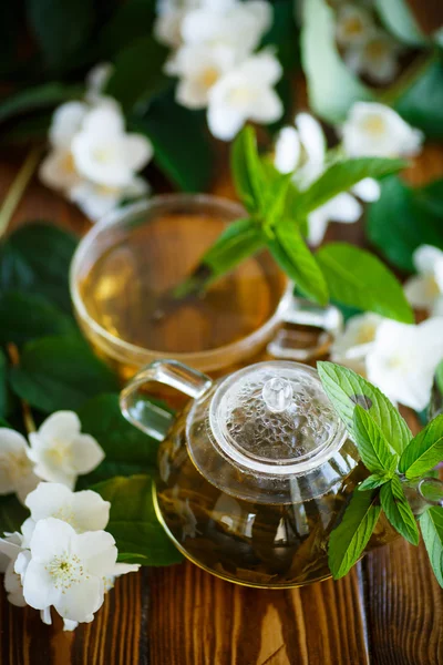 Jasmine tea in a glass pot — Stock Photo, Image