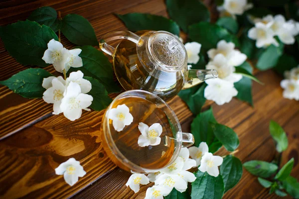 Jasmine tea in a glass pot — Stock Photo, Image