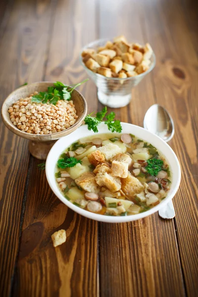 Pea soup with croutons — Stock Photo, Image