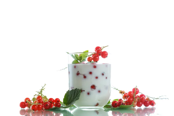 Zoete zelfgemaakte yoghurt met rode aalbessen Stockfoto