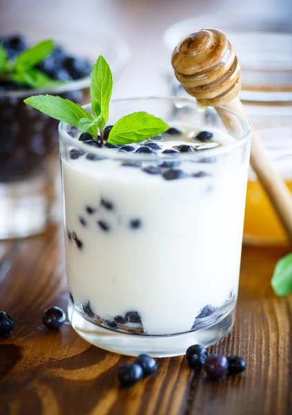 Sladké domácí jogurt s borůvkami a medem — Stock fotografie