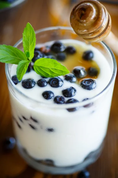 Sweet homemade yogurt with blueberries and honey — Stock Photo, Image