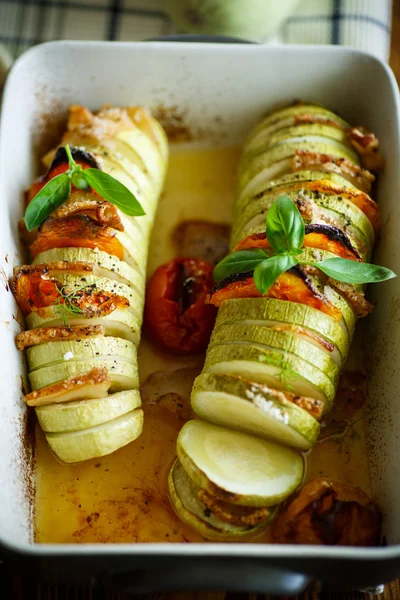 Baked zucchini stuffed with vegetables — Stock Photo, Image