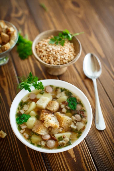 Pea soup with croutons — Stock Photo, Image