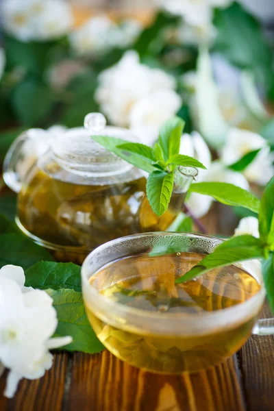 Herbata jaśminowa w garnku szkła — Zdjęcie stockowe