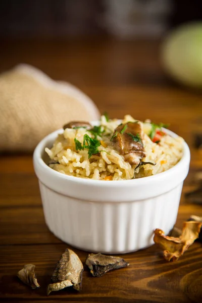 Cooked Rice Dried Forest Mushrooms Bowl Wooden Table — Stock Photo, Image