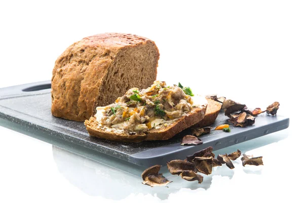 Home cooked natural mushroom caviar from forest dried mushrooms isolated on white background — Stock Image Home Cooked Natural Mushroom Caviar Forest Dried Mushrooms Isolated White Stock Photo
