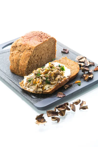Home cooked natural mushroom caviar from forest dried mushrooms isolated on white background — Stock Image Home Cooked Natural Mushroom Caviar Forest Dried Mushrooms Isolated White Stock Photo