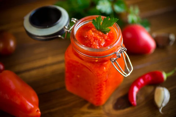 Fresh Natural Homemade Sauce Made Peppers Tomatoes Other Vegetables Glass — Stock Photo, Image