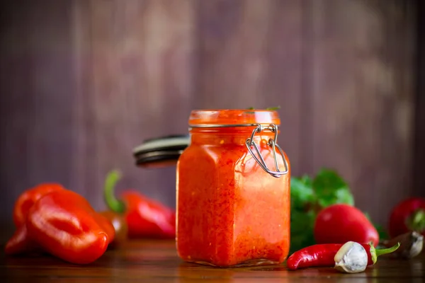 Fresh Natural Homemade Sauce Made Peppers Tomatoes Other Vegetables Glass — Stock Photo, Image