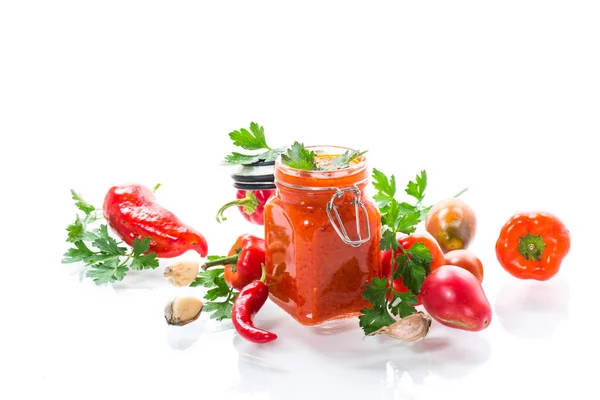 Fresh Natural Homemade Sauce Made Peppers Tomatoes Other Vegetables Glass — Stock Photo, Image