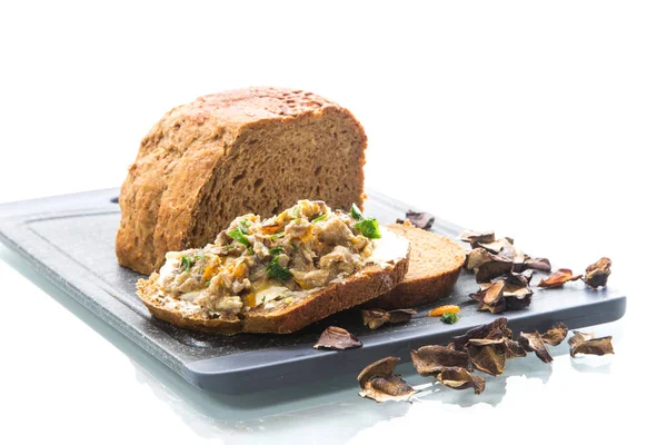 Home cooked natural mushroom caviar from forest dried mushrooms isolated on white background — Stock Image Home Cooked Natural Mushroom Caviar Forest Dried Mushrooms Isolated White Stock Image