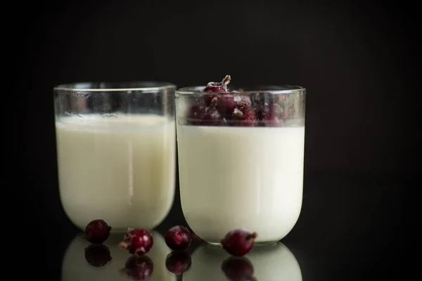 Hjemmelaget Søtyoghurt Med Frosne Bær Glass Isolert Svart Bakgrunn – stockfoto