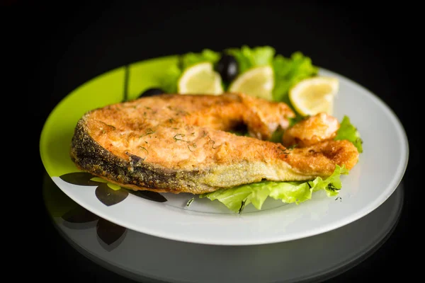 Piece Fried Salmon Fish Plate Lemon Herbs — Stock Photo, Image