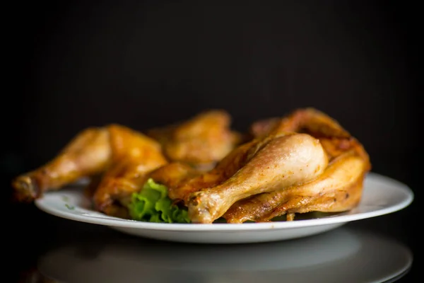 Whole Fried Chicken Plate Black Background — Stock Photo, Image