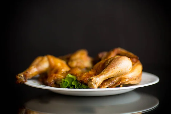 Whole Fried Chicken Plate Black Background — Stock Photo, Image