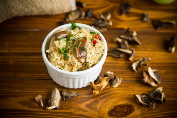 Riz Cuit Aux Champignons Séchés Forêt Dans Bol Sur Une — Photo