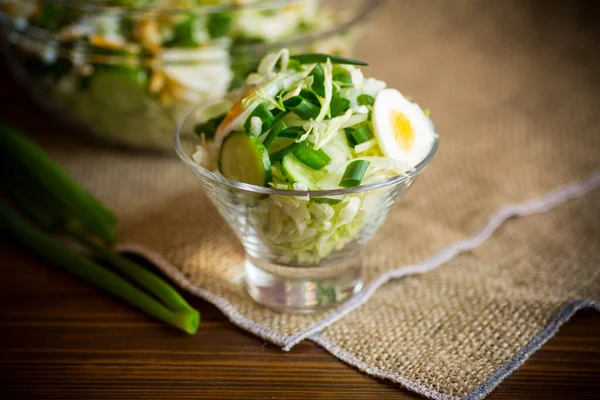 Spring Salad Early Cabbage Cucumbers Eggs Green Onions Wooden Table — Stock Photo, Image