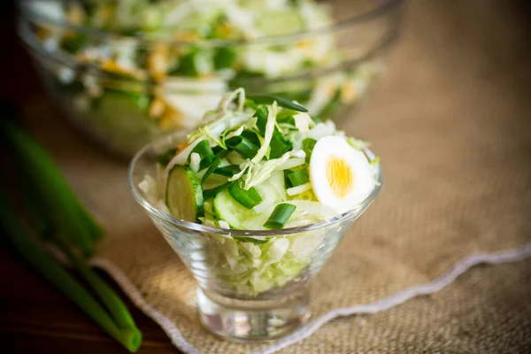 Tahta Bir Masada Lahana Salatalık Yumurta Yeşil Soğanlı Bahar Salatası — Stok fotoğraf