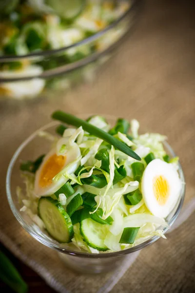 Tahta Bir Masada Lahana Salatalık Yumurta Yeşil Soğanlı Bahar Salatası — Stok fotoğraf
